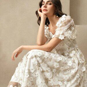 ANEWSTA FLORAL WHITE GOLD ROMANTIC MIDI DRESS ELEGANT ETHEREAL BLOOMCORE MED